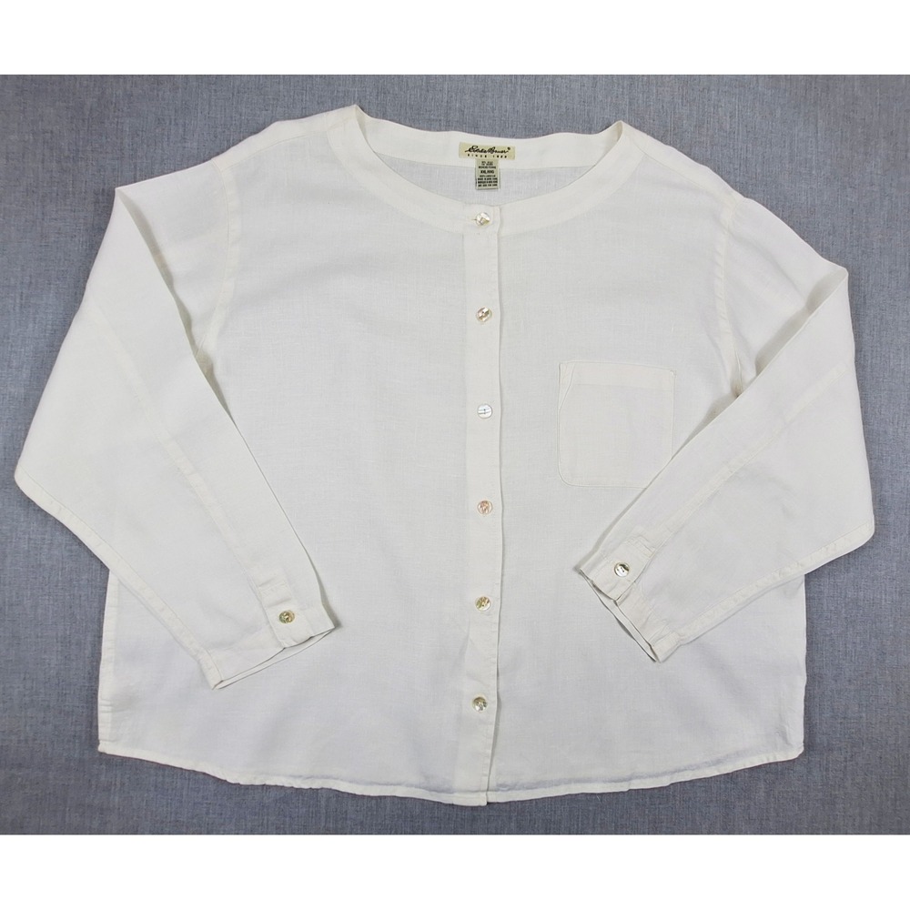 Eddie Bauer Womens XXL Ivory 100% Linen Button Down Collarless Shirt Long Sleeve
